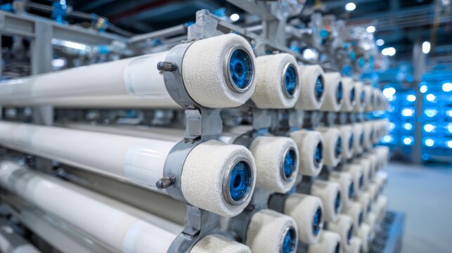 A desalination plant membrane filtration module processing seawater into drinking water.