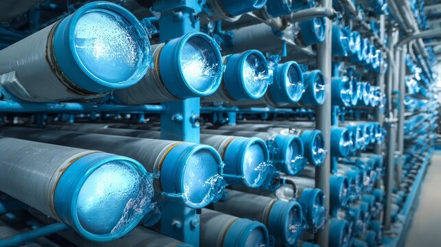 A desalination plant membrane filtration module processing seawater into drinking water.