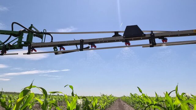 Spraying corn against weeds. Crop sprayer working on a corn field, slow motion. Spring day landscape, rural scene. The tractor and the sprayer protect the corn from weeds to the increase crop yield