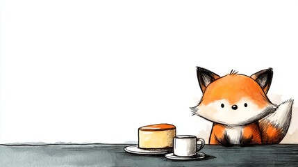 Fototapeta premium Cute Cartoon Fox Sneaking Away with a Stolen Dessert on a Table
