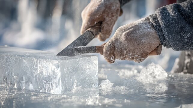 An ice sculptor carving clear ice block with sharp chisel.