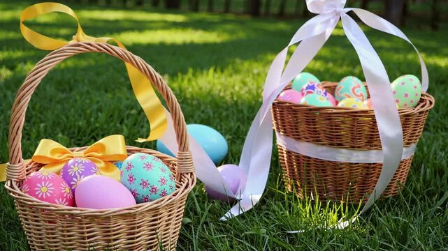 Vibrant easter basket with colorful eggs in lush green grass under sunny spring sky