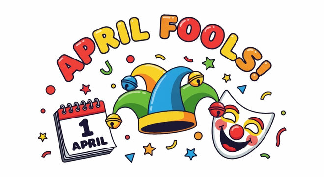 Colorful april fools' day illustration with jester hat clown mask and calendar on white background celebrating pranks and jokes on april 1st with confetti and stars
