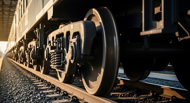 Low-angle view of train wheels rolling on tracks, bathed in sunlight, leading into the distance