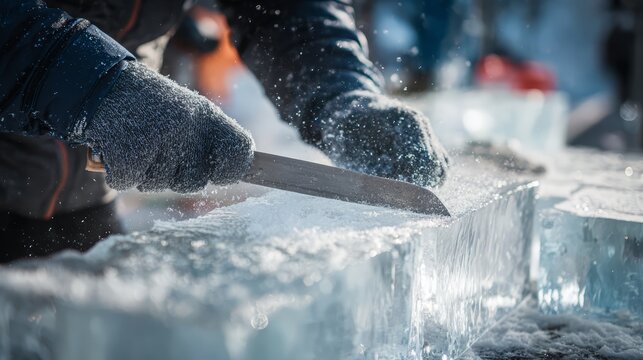 An ice sculptor carving clear ice block with sharp chisel.