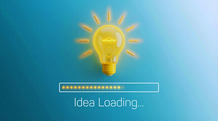A glowing lightbulb with a loading bar and the words 'Idea Loading...' on a blue background