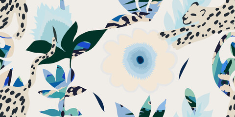 Abstract ethnic botanical print with leopard. Cute collage contemporary seamless pattern.  © MURRIRA