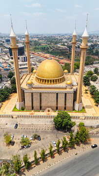 Abuja City Federal Capital, Nigeria - February 12, 2026: Vertical aerial view of golden Mosque Dome in Abuja City Nigeria 