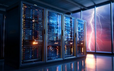 Dramatic Thunderstorm Over Server Room with Lightning and Blackout Effects