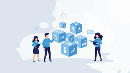 Naklejka premium Illustration of three business professionals collaborating with floating blue cubes containing various icons in a modern office setting with a clean and professional mood.
