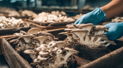Fototapeta premium A mushroom farmer harvesting oyster mushrooms growing in climate controlled cultivation bags. Concept of pleurotus mushroom cultivation.