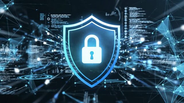 Video of digital security interface with pulsing lock symbol inside protective shield, encrypted data visualization, information safety and cloud protection concept for modern business media.