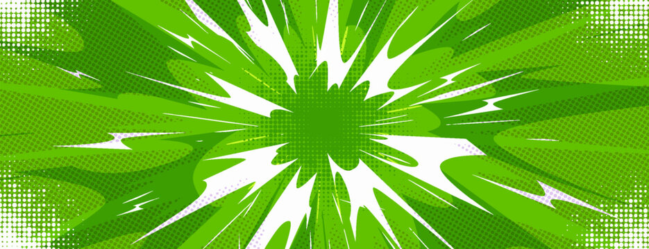 Comic book burst background with radial rays and halftone dots, cartoon vector illustration, dynamic red pop art banner for super hero action scenes and manga-style graphic designs.