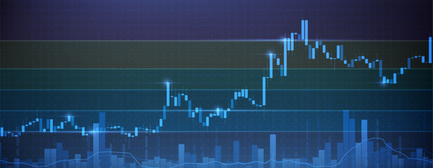 Naklejka na ściany i meble Financial market chart, stock price movements with blue candlestick graphs, trading data analysis, and economic growth indicators on digital screen, abstract vector background