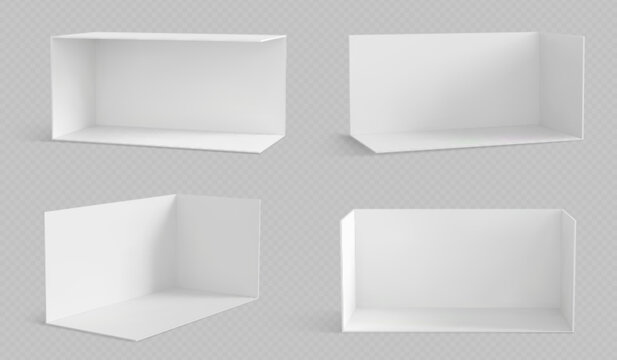 Exhibition stand mockup with empty white walls. Vector realistic illustration of modern 3D booth template, blank display panels for trade show product presentation, expo event showroom, branding model