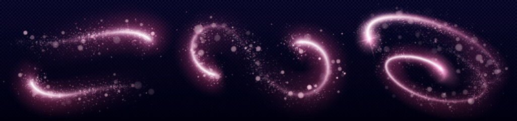 Magical pink glitter trail with sparkling dust particles and glowing star rays, vector swirl effect on dark transparent background. Festive wavy designs elements, shimmering powder © klyaksun