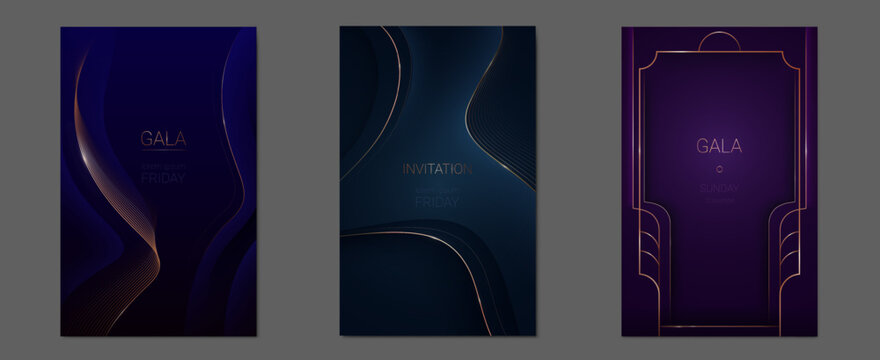 Elegant purple and blue abstract vector background with flowing golden thin lines and premium light effect. Luxurious award invitation with curved metal borders, gold frame banners