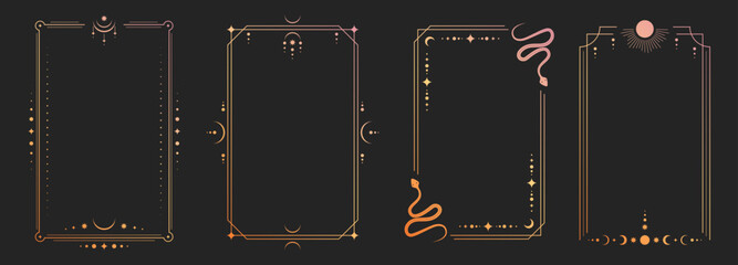 Mystical tarot card back with celestial sun, moon and stars in ornate golden frame, vector illustrations. Esoteric borders with magic symbols, spiritual snake patterns for horoscope design. © klyaksun