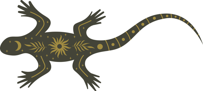 Stylized lizard with celestial and botanical bohemian patterns