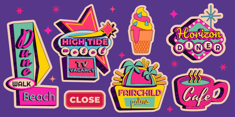 Naklejka premium Vintage neon bar and motel signs with retro arrows and glowing lights. Vector cartoon illustration of classic American roadside signage set, vibrant nostalgic hotel, cafe, diner signboard collection