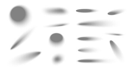 Fototapeta premium Shadow overlay mockups with realistic drop light effect, vector set isolated on white background. Shade blured design templates with soft gradient, round and oval object shadow pack