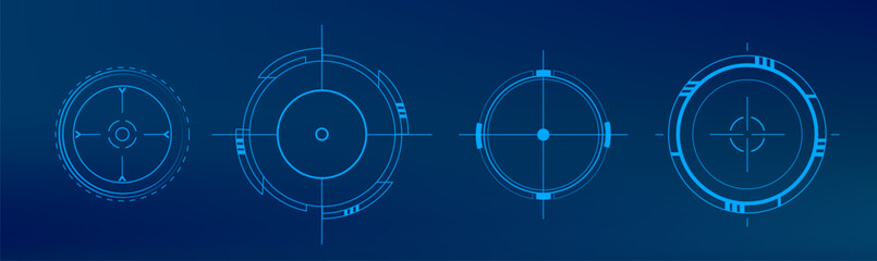 Fototapeta premium Futuristic hud circles with glowing digital frame, neon target interface, abstract vector illustrations isolated on background. High tech game screen elements for sci-fi design projects