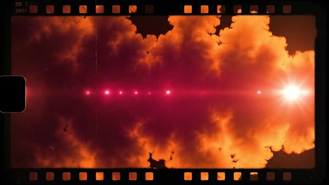 Red Light Leak Overlay \'96 Intense cinematic burn transition, deep crimson and fiery orange light leaks bleeding across a dark filmic frame, organic irregular flare shapes with soft feathered