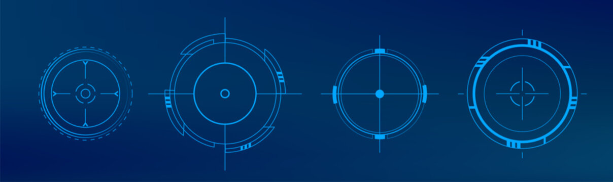 Futuristic hud circles with glowing digital frame, neon target interface, abstract vector illustrations isolated on background. High tech game screen elements for sci-fi design projects