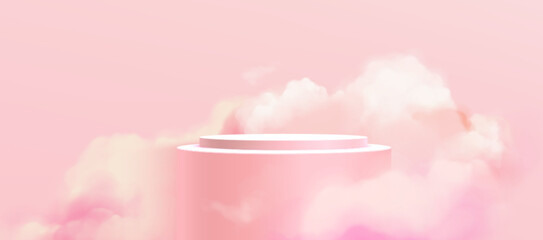Naklejka premium Dreamy pink cloud podium, realistic vector pastel background. 3D platform stage for beauty product display with soft mist or smoke, paradise elegant studio for presentation, cosmetic showcase.