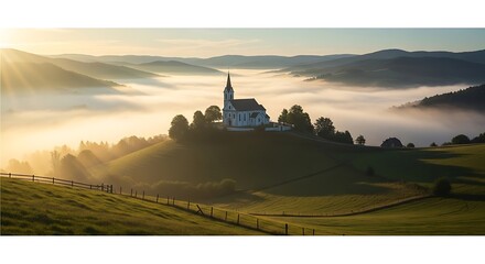 Obraz premium Majestic church atop a green hill, bathed in soft sunlight, overlooking a misty valley