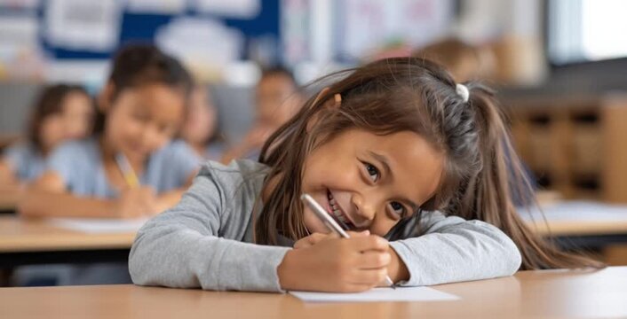 Vid&eacute;o d'une petite fille heureuse &eacute;crivant &agrave; son bureau en classe : Apprentissage, sourire d'enfant et concept de rentr&eacute;e scolaire