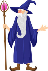 Naklejka premium Wizard character holding magical staff and gesturing