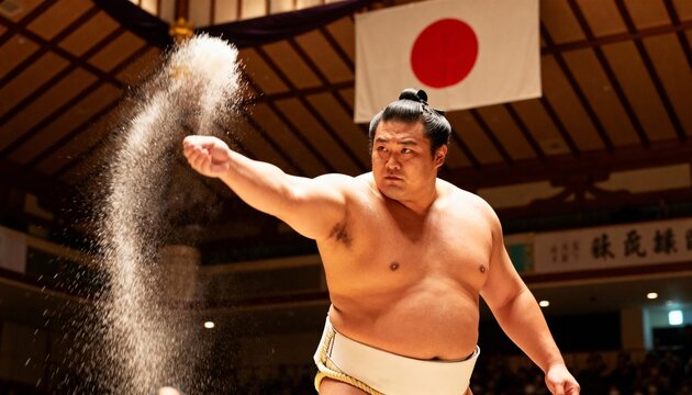 Throwing sumo wrestler performing pre-match ritual in sumo arena, with white mawashi and salt cloud