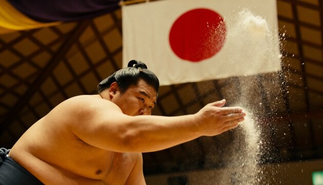 Performing sumo wrestler tossing salt into air in sumo arena, showing mawashi and Japanese flag