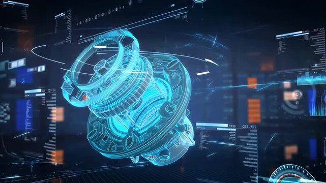 Dynamic Visualization Of Neonlit Holographic Engine Component With Technical Schematics And Analytics