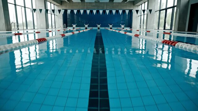 Video of indoor pool backstroke lanes captured from end-of-lane perspective with luminous blue depth, modern sports environment background for fitness campaigns and facility showcase media.