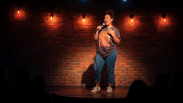 Plus Size Female Stand Up Comedian Performing on Comedy Club Stage