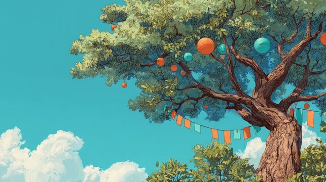 Whimsical 2D Illustration of a Colorful Tree with Decorative Hangi Elements