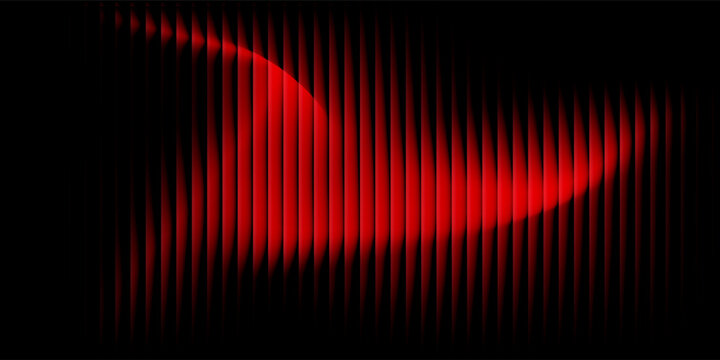 Abstract black background with glowing vertical red ribbed lines, creating a fractal glass effect, digital noise, or glitch. Editable vector illustration.