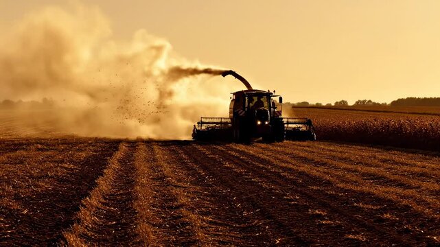 Video of harvest season farmland scene with tractor silhouette and rising dust cloud, agritech innovation and crop cultivation theme, countryside economy visual backdrop, wide panoramic field with