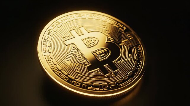 Video of Cryptocurrency Coin Rotation \'96 Golden token spinning in darkness, digital finance concept, blockchain currency symbol, fintech investment background for modern business media.