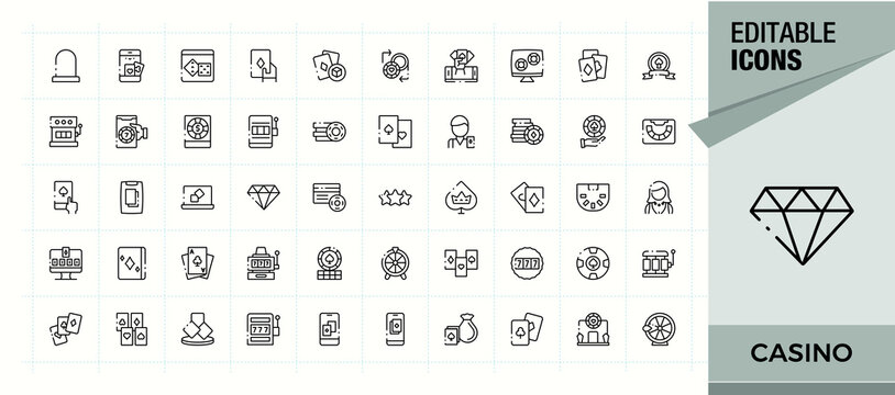Set of Casino line icon. Pack of card, jackpot, gambling, slot, poker. Thin line icons set. Card line icon set. Editable stroke. Vector collection.