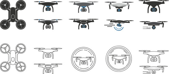 Drone quadcopter icon collection with aerial camera UAV flying technology devices flat vector illustration set © MstTanzila