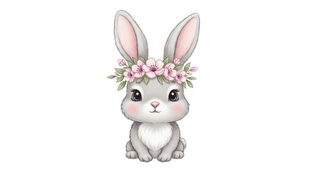 Obraz premium Cute Gray Bunny Wearing Pink Floral Crown Sitting For Easter Spring Concepts Isolated on transparent white background