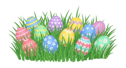 Fototapeta premium Colorful Easter Eggs Hiding In Green Grass For Spring Holiday Concepts Isolated on transparent white background