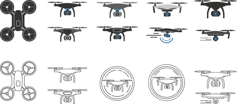 Drone quadcopter icon collection with aerial camera UAV flying technology devices flat vector illustration set