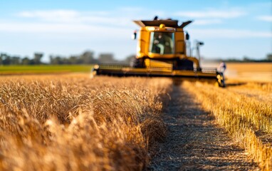 Naklejka premium Wheat Harvesting on a Clear Windy Day with Long Shadows in the Field