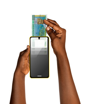 A pair of hands holds a smartphone while sliding a 1,000 Djiboutian franc banknote into the top, creatively symbolizing mobile money deposits and digital financial services in the Horn of Africa.