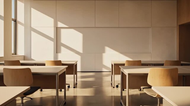 Video of empty modern classroom interior with warm sunlight patterns, neutral school background, minimalist academic setting and organized educational concept.