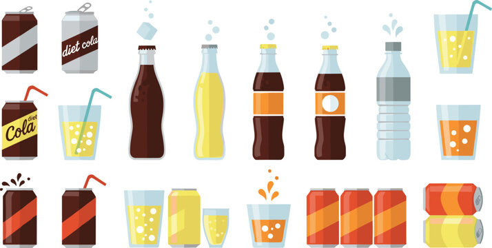 Soft drink and soda beverage collection with bottles cans glasses sparkling drinks flat vector icon set illustration